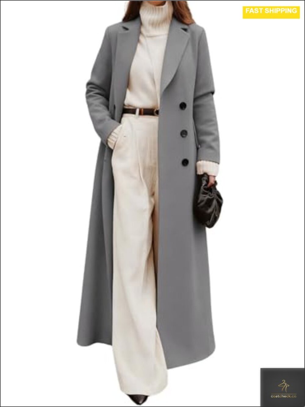 Long Double Breasted Wool Blend Coat Elegant Formal Overcoat Womens